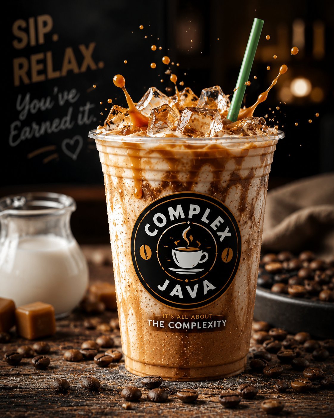 Iced coffee drink from Complex Java with caramel splash and green straw, surrounded by coffee beans and milk